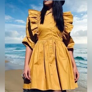 NWT ZARA COTTON AND RUFFLED VOLUMINOUS DRESS MUSTARD COLOR